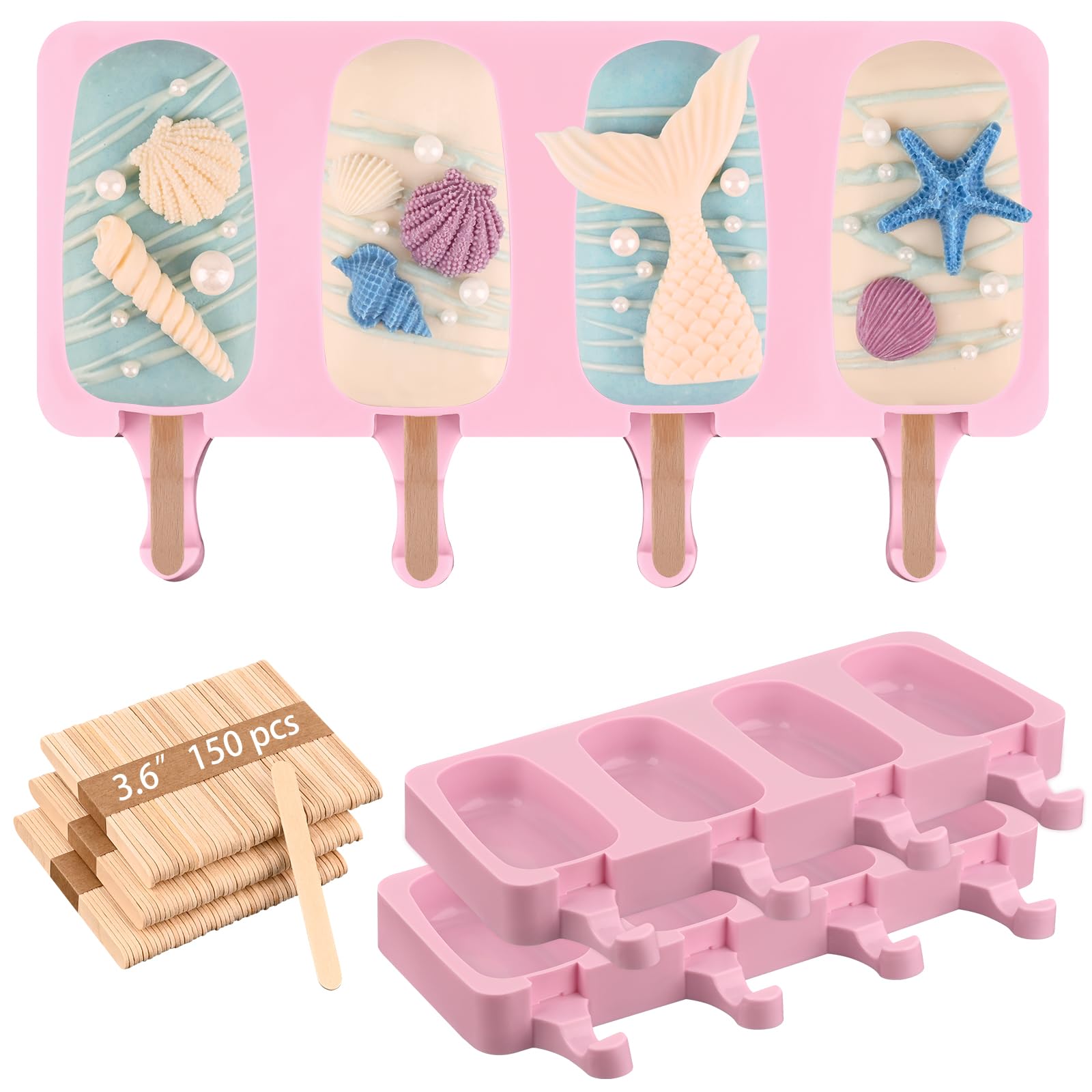 Photo 1 of Sakolla Silicone Popsicle Molds Set of 3, Large Oval 4 Cavities Homemade Ice Pop Molds with 150 Wooden Sticks for Ice Cream, Cakesicles, Cake Pop (Pink)