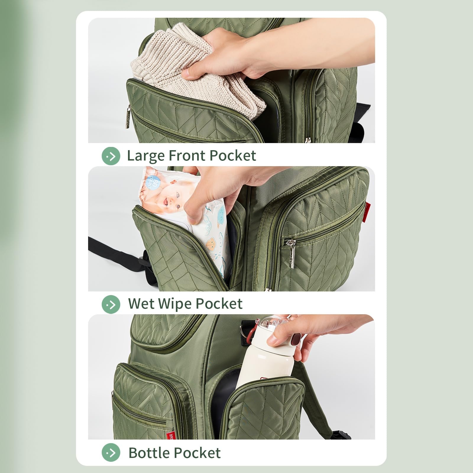 insular Diaper Bag Backpack, Multi-Function Travel Back Pack, Waterproof Changing Bag for Mom Girls, Large Capacity Baby Bag with Stroller Straps and Changing Pad, Green
