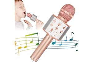 KIDWILL Wireless Bluetooth Karaoke Microphone for Kids, 5-in-1 Portable Handheld Karaoke Mic Speaker Player Recorder with Adjustable Remix FM Radio for Kids Girls Boys Teens Birthday-Rose Gold
