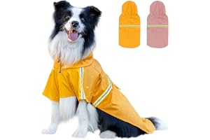 ExploreU Dog Raincoat, Waterproof Windproof Dog Rain Jacket Adjustable, Rain Coat with Leash Hole, Reflective Strap Raincoat Poncho for Small Medium Large Dogs Outdoor (Reflection-Yellow, Large)