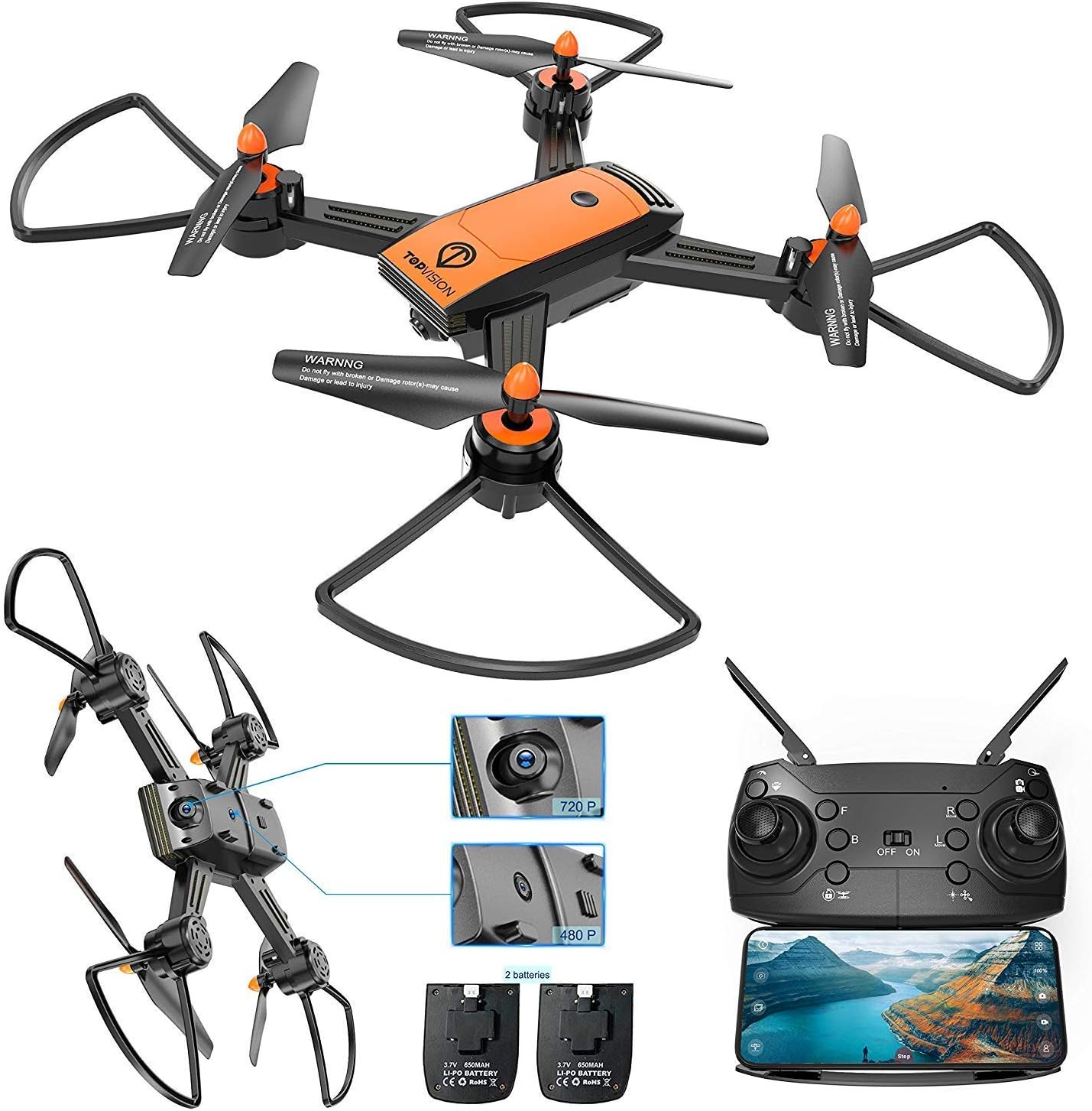TOPVISION Drone with Camera, FPV RC drone for beginners with 720p and 480P Camera 120 Wide Angle WiFi Quadcopter with Altitude Hold Headless Mode, VR Mode, Orange