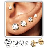 Stud Earrings for Women Men, Hypoallergenic Women's 14K Gold Plated 316L Stainless Steel CZ Studs Earrings Simulated Diamond Round Cubic Zirconia Ear Stud Set