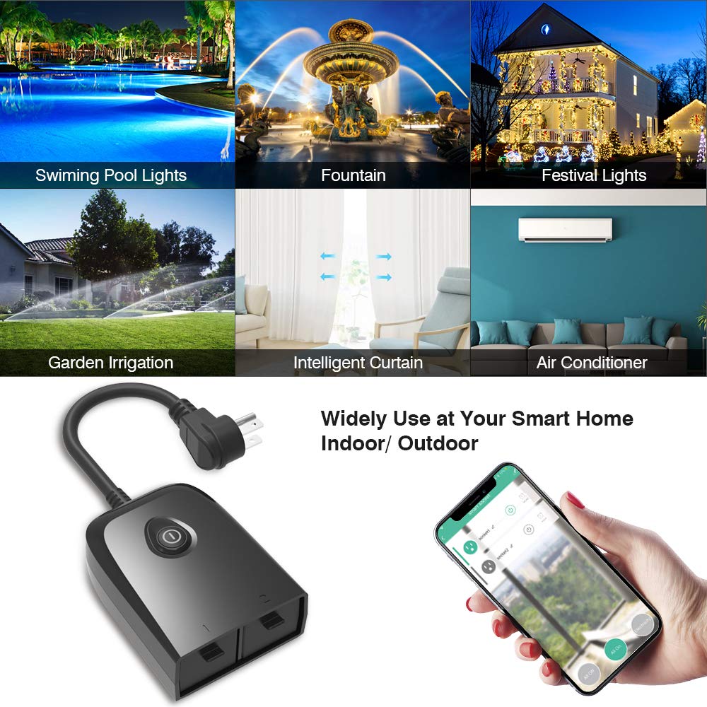 Outdoor Smart Plug, iUcare IP55 Waterproof 2.4GHz WiFi Outlet with 2 Sockets Voice Compatible with Alexa/Google Home APP Wireless Remote Control Switches Timer for Indoor/Outdoor Devices