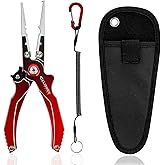 8 Inch Multifunctional Fishing Pliers, Aluminum Corrosion Resistant Hook Remover, Saltwater Proof Fishing Pliers with Sheath Coiled Lanyard and Safety Lock, Tungsten Carbide Fishing Line Cutter