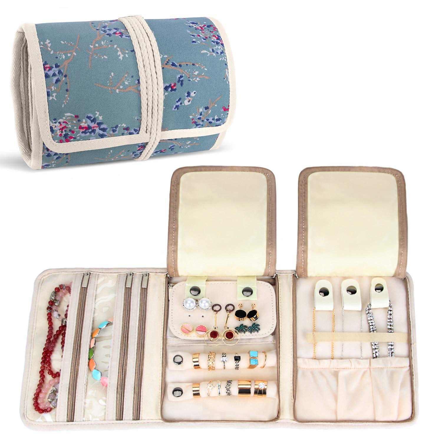 Teamoy Jewellery Roll, Travel Jewellery Organiser for Necklaces, Earrings, Bracelets, Brooches and more, Jewellery Wrap with Various Departments, Plum Flowers