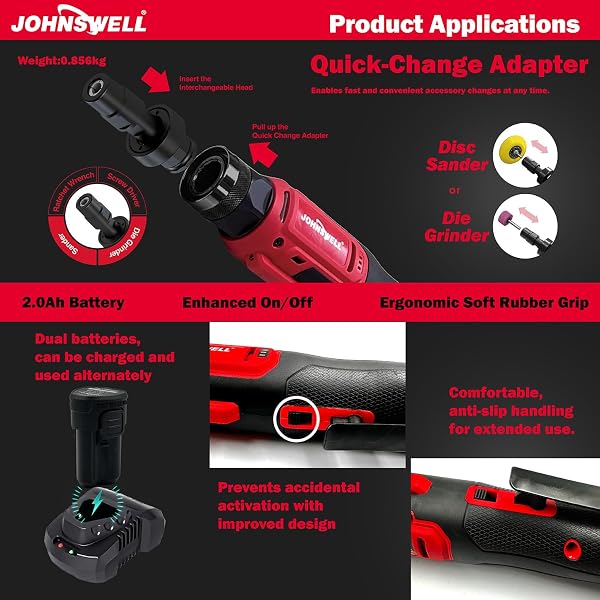 JOHNSWELL 12V CORDLESS BRUSHLESS RATCHET WRENCH + DIE GRINDER + SCREWDRIVER KIT(3-IN-1), 7-SPEED CONTROL,18,000 RPM, 2 BATTERIES
