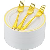 ISFANGCO 120pcs Gold Dessert Plates with Forks for 60 Guests-60pcs 7.5" Small Plastic Dessert Plates and 60pcs 7.4" Forks-Disposable Cake/Appetizer/Salad Plate for Wedding,Birthday and Party
