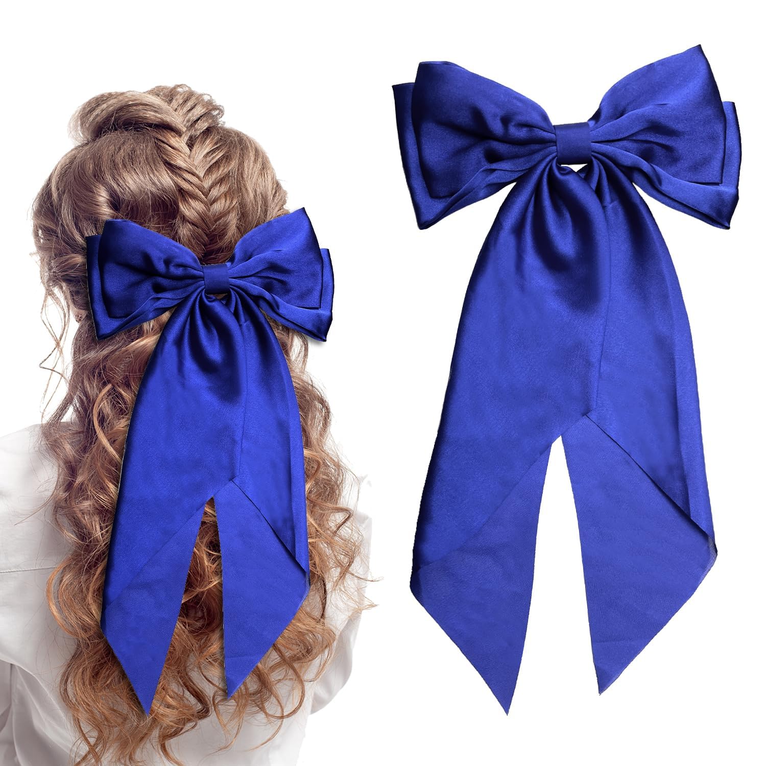 LECTNORE Royal Blue Hair Bow - Large Bowknot Hair Clip for Women, Satin Silky Ribbons with Long Tail, French Barrette Hair Accessory for Girls Ponytail Holder