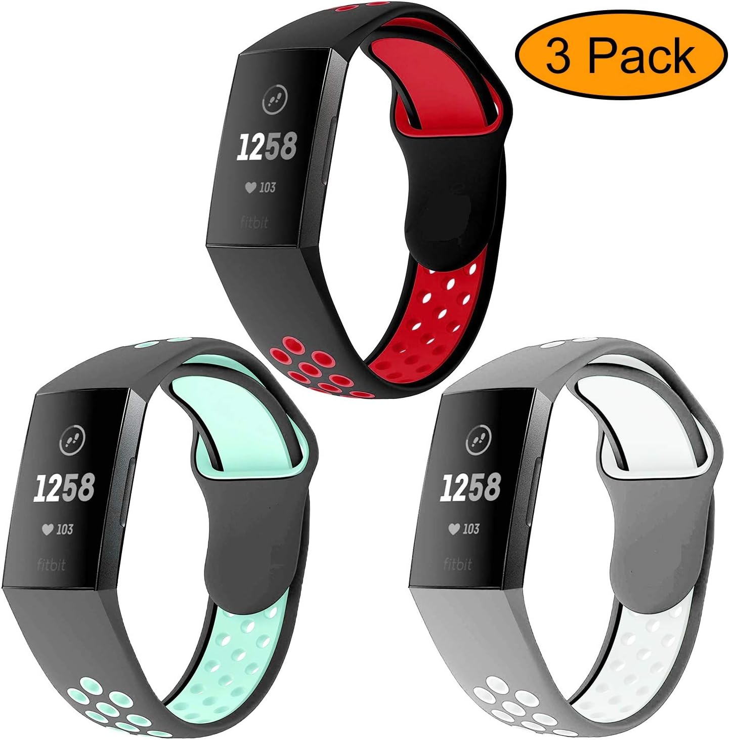 Neitooh 3 Packs Bands Compatible with Fitbit Charge 3/Charge 3 SE for Women and Men,Soft Silicon Waterproof Replacement Sports Strap with Breathable Holes