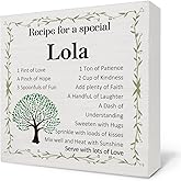Nvotell Lola Gifts Wooden Box Sign, Mother's Day Gifts for Lola Grandma, Lola Gifts for Grandma, Recipe for a Special Lola Wood Block Signs for Home Kitchen Desk Table Shelf Decor, 5x5 Inch