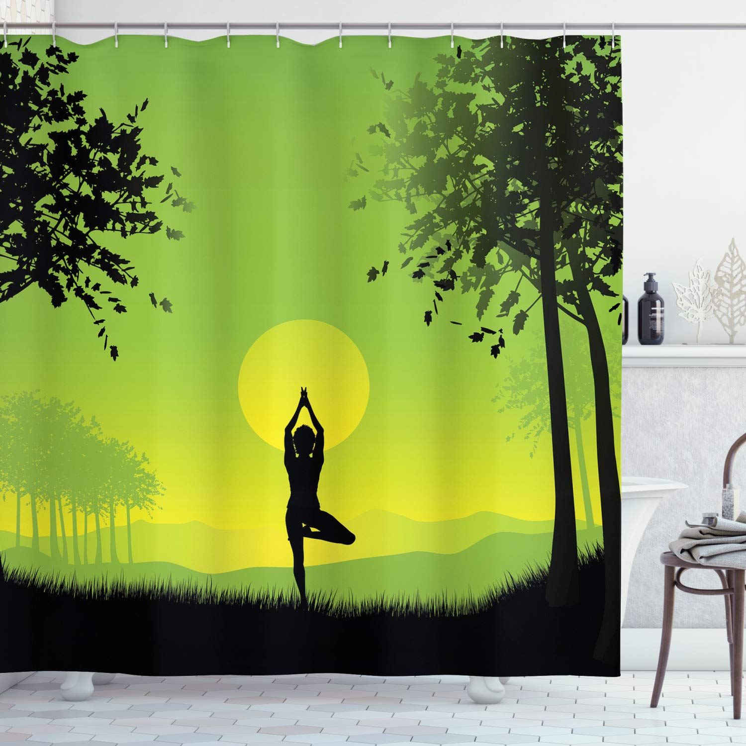 ABAKUHAUS Yoga Shower Curtain, Meditating Lady Under Sunset Sky in Forest Serenity Balance Soul Nature Art, Cloth Fabric Bathroom Decor Set with Hooks, 175 x 180 cm, Black Green Yellow