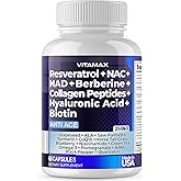 Resveratrol NAD+ Berberine Hyaluronic Acid - Biotin Grape & Blueberry + NAC - Collagen Peptides - Hair, Nail, Skin & Joint Supplement - 21-in-1 Women and Men - Made in USA (60 Count (Pack of 1)