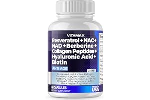 VITAMAX Resveratrol NAD+ Berberine Hyaluronic Acid - Biotin Grape & Blueberry + NAC - Collagen Peptides - Hair, Nail, Skin & Joint Supplement - 21-in-1 Women and Men - Made in USA (60 Count (Pack of 1)