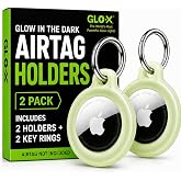 GLO-X Glow in the Dark AirTag Holders 2 Pack, Keychain Cases with Key Rings | 12+ Hour Rechargeable Glow; Fits Apple AirTag; For Keys, Backpacks, Luggage &amp; Bags; Includes 2 Holders + 2 Metal Key Rings x2