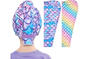 Kids Hair Drying Towel Wrap - Microfiber Hair Towel for Girls, Quick Dry Hair Cap with Button & Elastic Loop, 2 Pack (Rainbow