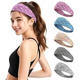AIZORVEE Sweat Headbands for Women - Moisture Wicking Wide Yoga Headband, Non Slip Soft Elastic Sports Headbands for Workout, Running, Gym - 5 Pack Colorful Assorted