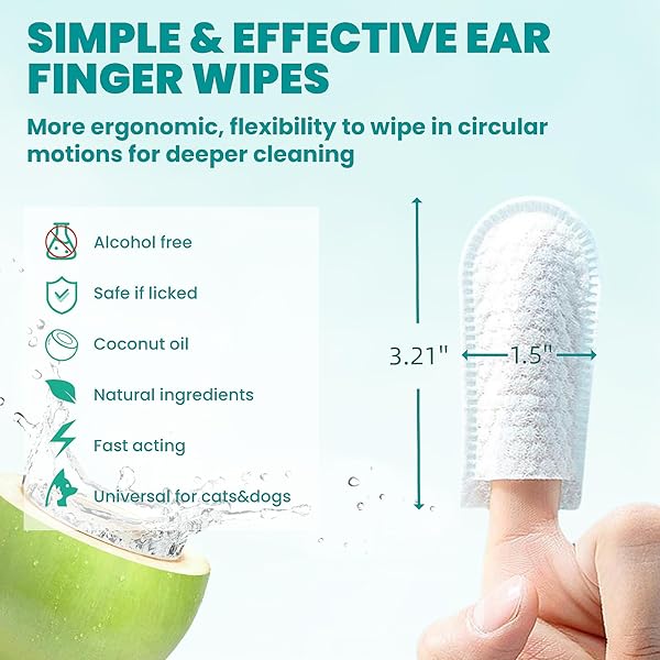 MEDUWEDU EAR CLEANER FINGER WIPES 60 COUNTS, DOG EAR CLEANER, GROOMING KIT CARE FOR DOGS AND CATS, SOFT & EASY OTIC CLEANING PADS, REMOVE WAX, DIRT & STOP SMELLY, ITCHY, NON-IRRITATING, PEACH SCENT