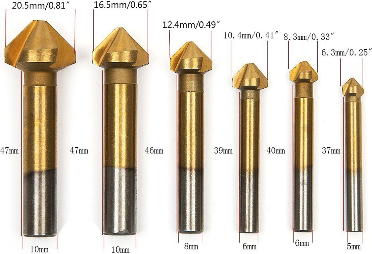 MALAYAS 6pcs 90 Degree 3 Flute 6.3-20.5mm HSS Countersink Drill Bit Titanium Coated Chamfer Cutter End Mill Cutting Tool Set - Image 3