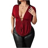 SOLY HUX Women's Plus Size Cowl Neck T Shirt Metal Decor Short Sleeve Going Out Tops