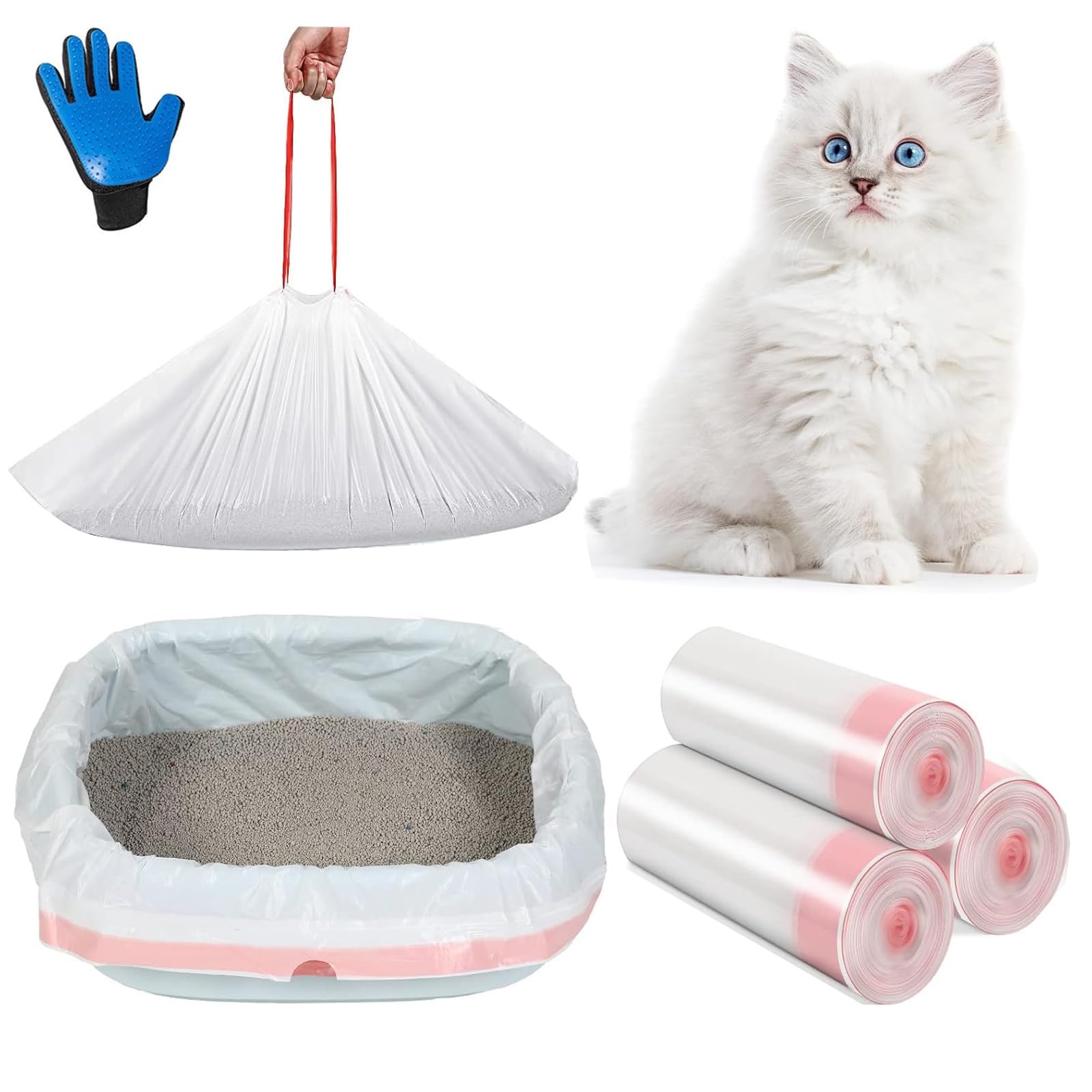 Amalan XXL 30Pack Cat Litter Tray Liners+Pet hair comb massage gloves, Drawstrings Scratch Resistant Bags For Extra Large Litter Box(915 * 450 * 0.03mm)