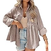 JINZHAO Womens Corduroy Peplum Shirts Tops Cute Long Sleeve Button Down Blouses with Pockets