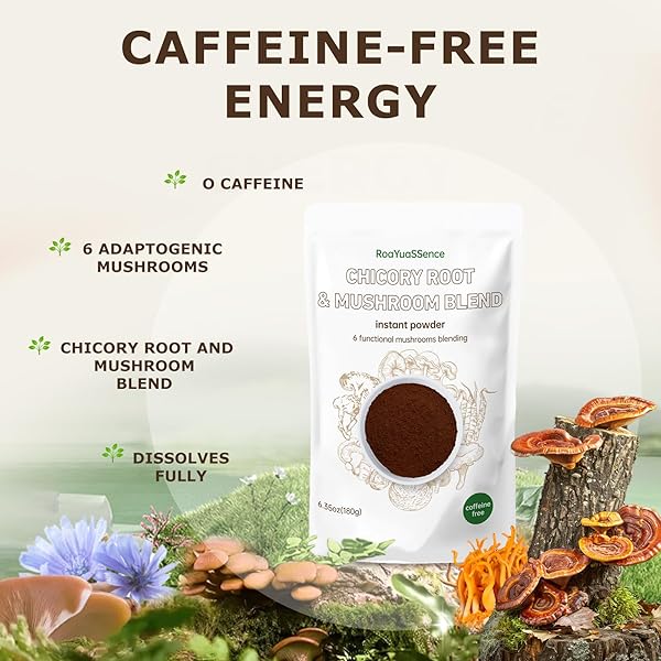 CHICORY ROOT AND MUSHROOM BLEND, 6 FUNCTIONAL MUSHROOMS, CHICORY ROOT BREW LIKE COFFEE, CAFFEINE FREE, COFFEE SUBSTITUTES, MCT OIL, INSTANT POWDER