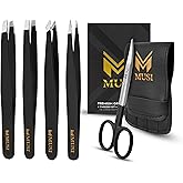 MUSI Shape Eyebrows & Remove Facial Hair, Ingrown Hair, Chin & Splinters – Expert Tweezers Kit with Eyebrow Scissor, Professi
