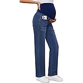 POSHGLAM Women's Maternity Jeans Straight Leg 30'' Over Belly Comfy Stretch Denim Pants, S-XXL