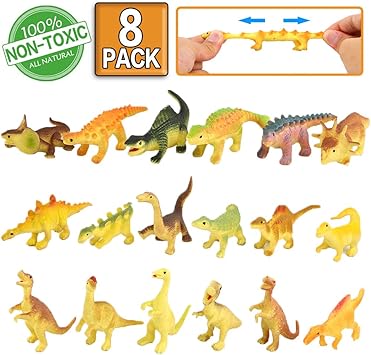 Rubber Dinosaur,8 Piece Mini Dinosaur Toy Set(Random),Food Grade Material TPR Super Stretchy,With Learning Study Card Gift Bag-Realistic Dinosaur Figure Squishy Toy Party Favors Cupcake Topper