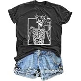 Halloween Shirts for Women Fall Pumpkin Skeleton Tshirt Women's Horror T Shirt Clothes