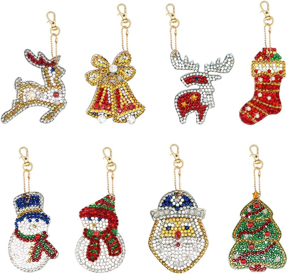 Christmas Diamond Painting Keychain,8 Pack DIY Rhinestone Keyrings Kits