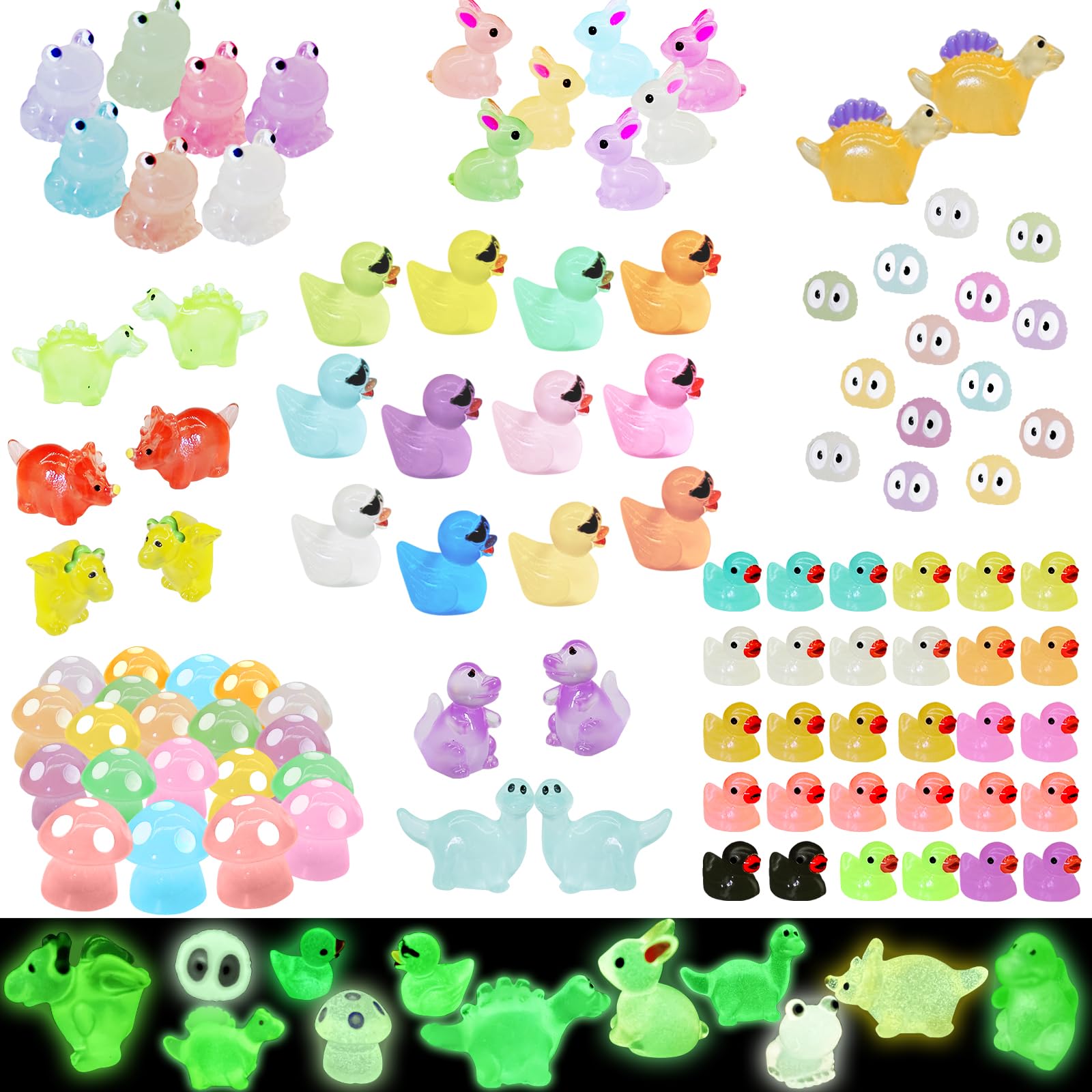 Photo 1 of 107Pcs Luminous Mini Resin Animals Mini Animals Figures to Hide Miniature Figurines Glow in Dark Ducks Dinosaurs Frogs, 7 Combination Sets for Landscape Dollhouse Decor Fairy Garden Accessories
