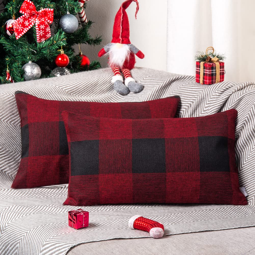 ORANIFUL Buffalo Check Cushion Covers 30 x 50 Set of 2 Linen Decorative Rectangular Tartan Throw Lumbar Pillow Case for Sofa Couch Bed Home Decor Car 12x20 Inches (Burgundy & Black)