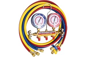 KLENZMATE 2025 Upgrade 42004 Test and Charging Manifold with 3-1/8" (80 mm) Gauges, for R-22/404A/410A, 1/4" Standard Flare Fitting, HVAC Color-Coded Gauges with 60" Hoses, 2-Valve, HVAC Manifold Set