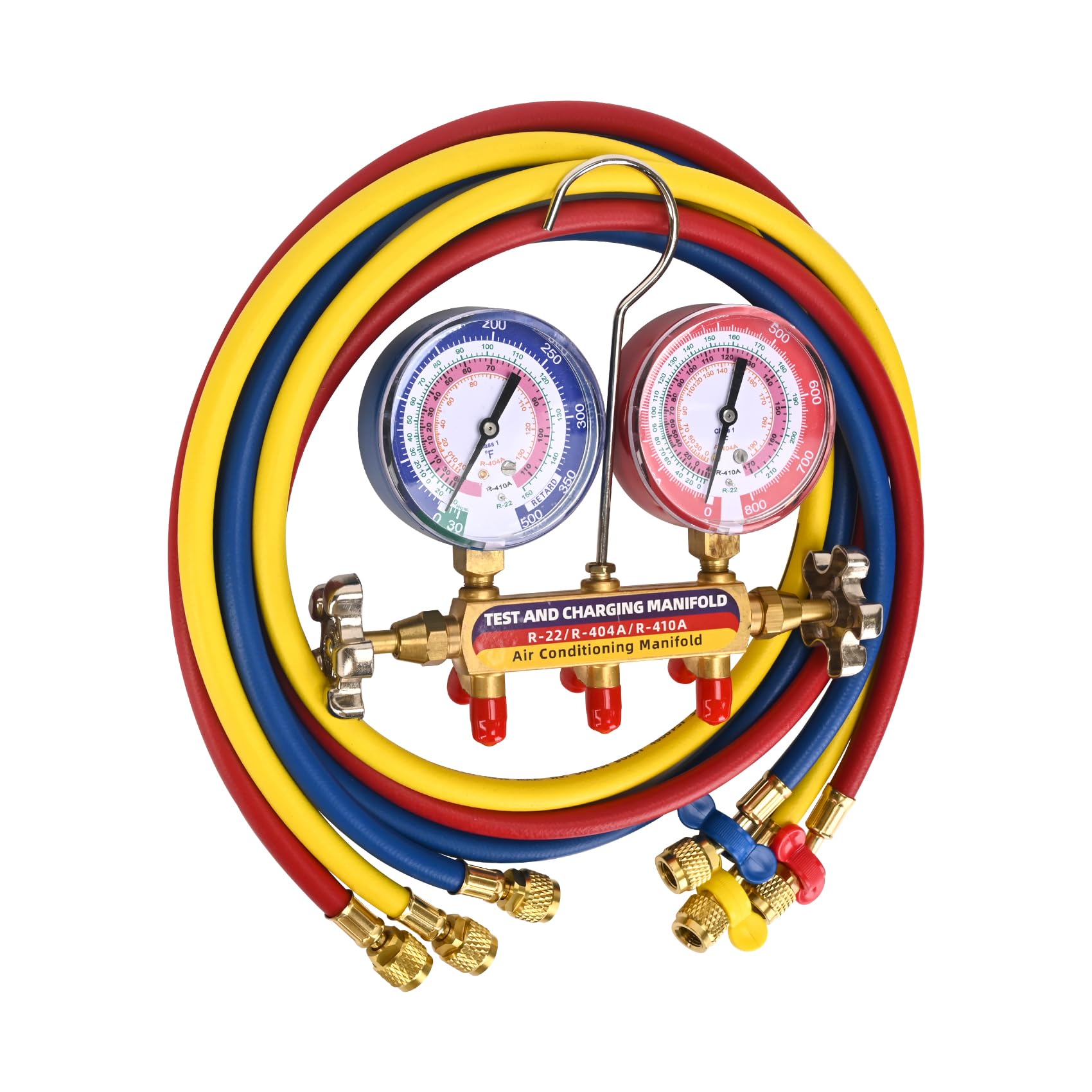 Photo 1 of 2025 Upgrade 42004 Test and Charging Manifold with 3-1/8" (80 mm) Gauges, for R-22/404A/410A, 1/4" Standard Flare Fitting, HVAC Color-Coded Gauges with 60" Hoses, 2-Valve, HVAC Manifold Set