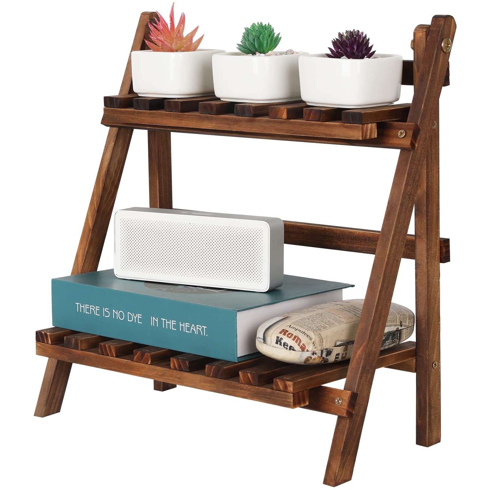Photo 1 of Jotsport 2 Tier Tabletop Plant Stand Step Style Desktop Storage Organizer Wood Display Shelf Decorative Storage Rack, Foldable Small Plant Shelf