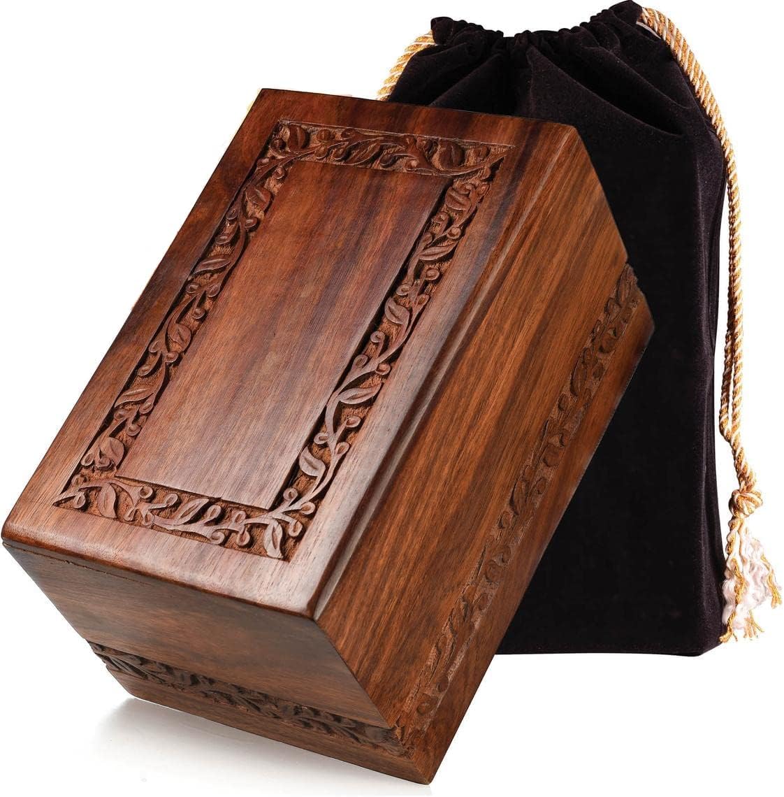 Photo 1 of Wood Urn for Human Ashes - Border Engraved Acacia Wooden Urn Large Size 200 Cubic Inches - Handcrafted Memorial Urns for Adults