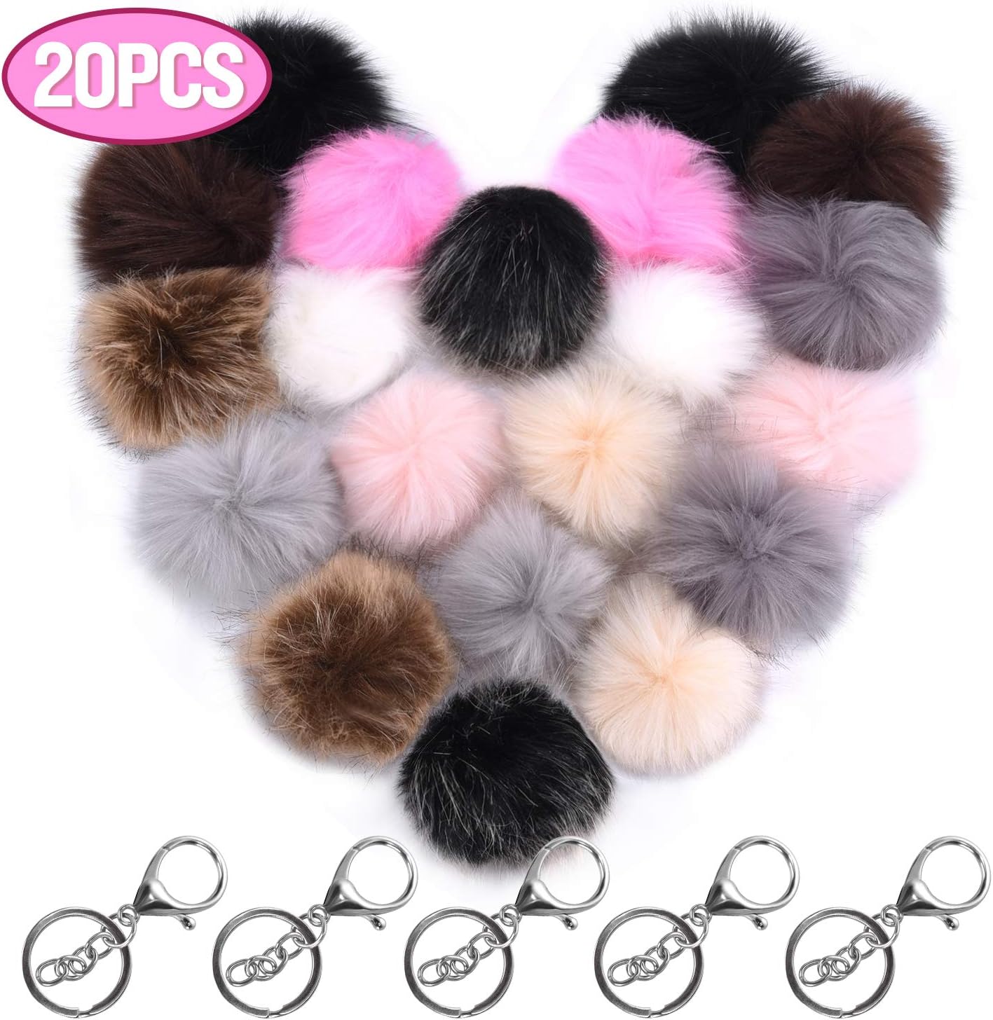20Pcs Faux Fur Pom Poms Balls with Elastic Loop for Hats Scarves Bag Fuzzy Keychain,DIY Puff Fluffy Fur Pompoms Ball Charms Knitting Hat Accessories