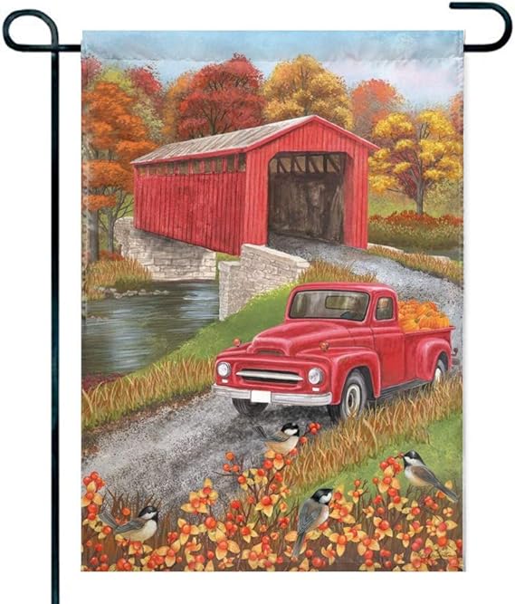 Love Fled Autumn Bridge Garden Flag Fall Pickup Truck Covered