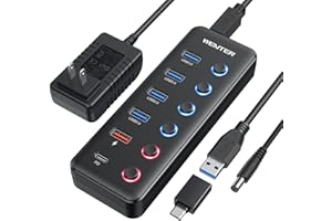Powered USB 3.0 Hub, Wenter 6-Port USB Hub Splitter (4 Faster Data Transfer Ports+ 2Pcs 36W QC Charging Ports) with Individual LED On/Off Switches, USB Hub 3.0 Powered with Power Adapter