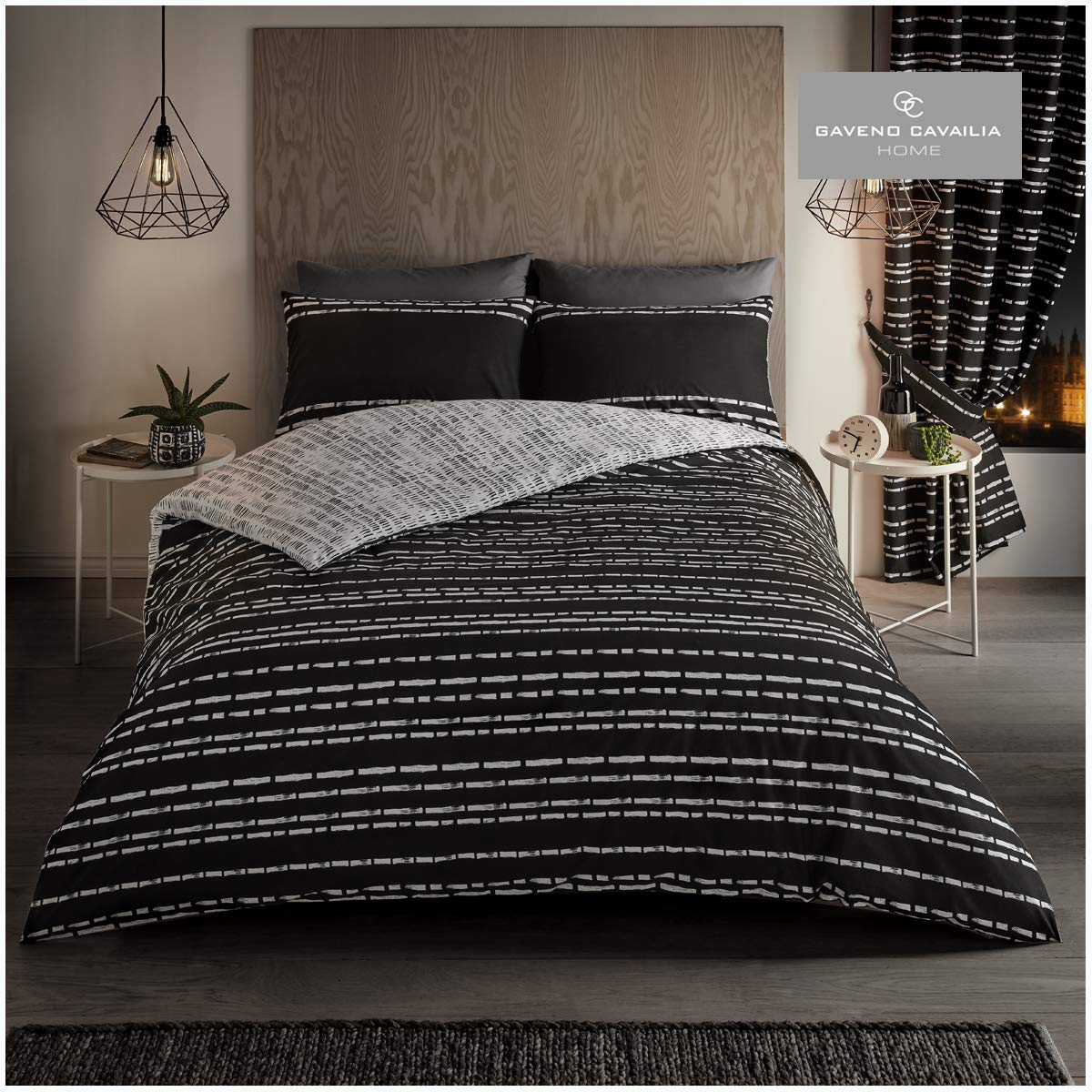 Gaveno Cavailia King Duvet Set Seb Stripes Black, Urban Geometric Bedding, 3 Piece Cotton Blend Printed Reversible Bedlinen, Easy Care DuvetCover Bedset, 1 Quilt Cover + 2 Pillow Cases