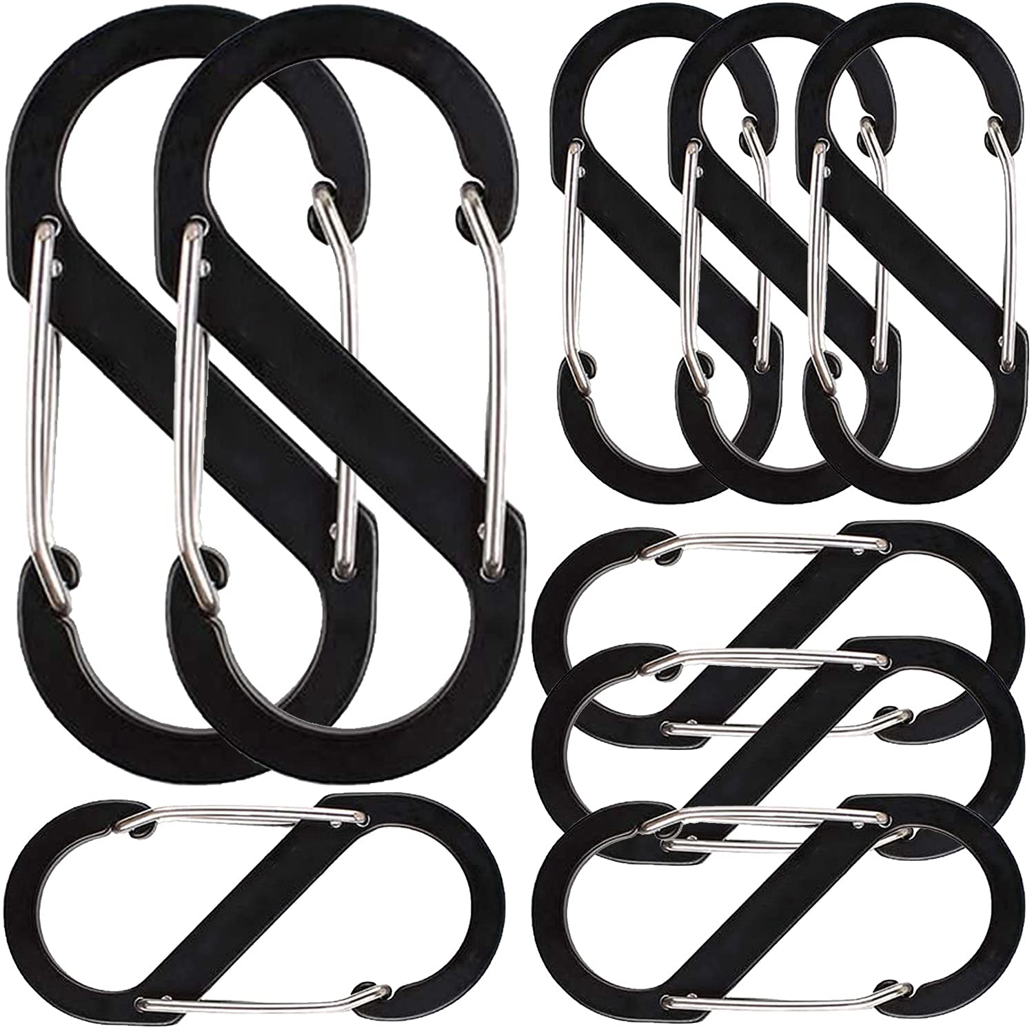 beifon 88mm + 51mm S Shape Carabiner Clip 9Pcs Aluminum Alloy Buckle Dual Spring Clip Double Snap Hook Metal Backpack Clasps Key Chain for Home Hiking Fishing Camping Travel Outdoor (Black, 2 Size)