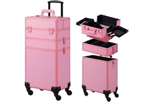 Somduy Makeup Train Case, Rolling Makeup Case, 3 in 1 Cosmetology Case on Wheels, Christmas Gift, Large Makeup Case Organizers, Profesional Cosmetic Case for Salon Barber, Pink