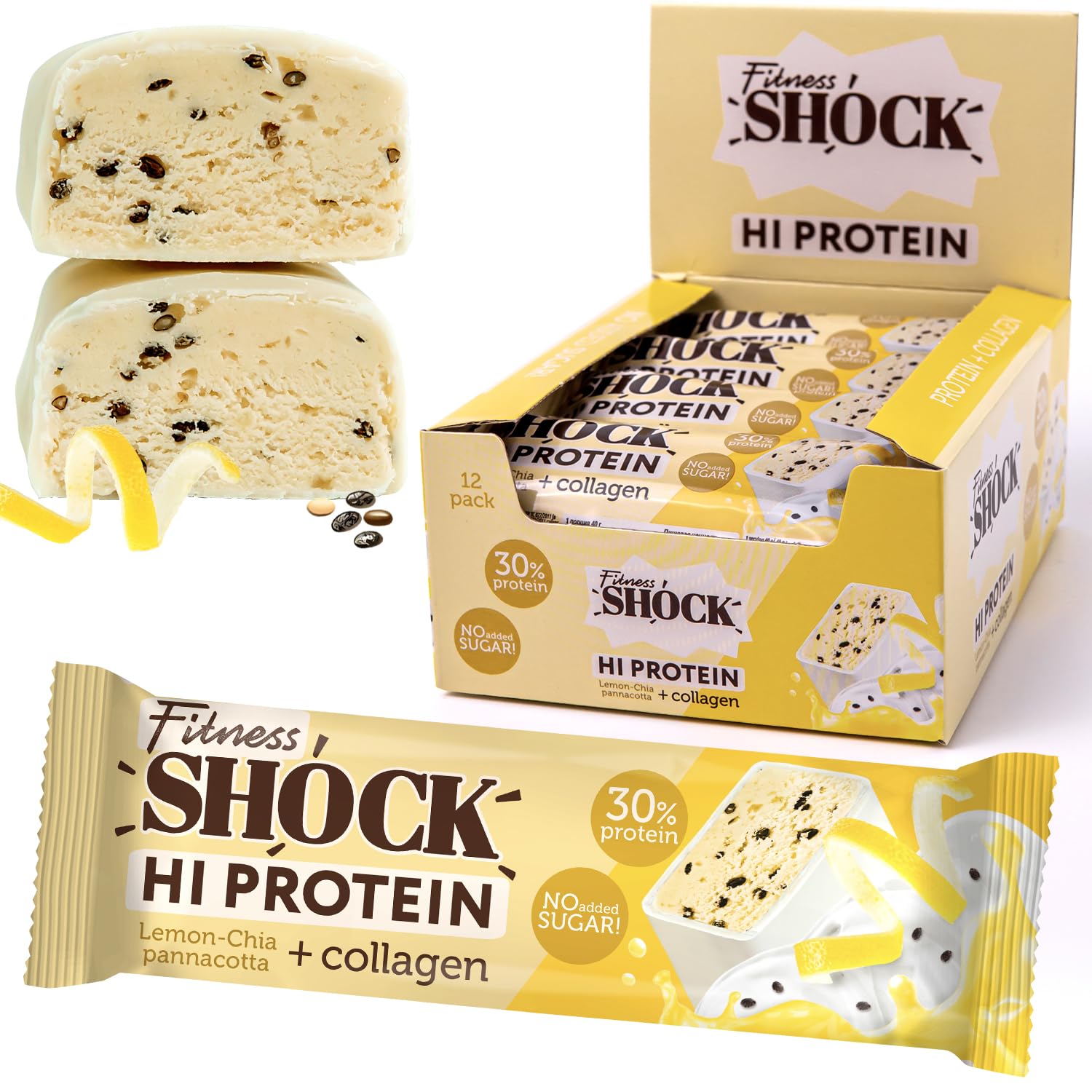 FitnesSHOCK High Protein Bars, 12g Protein, Low Carb, No Added Sugar, Low Calorie 138 Kcal, 5g collagen, Fiber-Rich, Lemon Chia Panacotta Flavor 12x40g