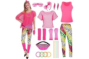 1980s Fancy Dress for Women,Neon Outfits Clothes Shoulder T-Shirt Fishnet Top Mesh Leg Warmers