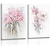 Pink Floral Canvas Wall Art, Pink Framed Wall Art, Butterfly Grey Leaf Canvas Prints, Floral Art Paintings for Bedroom, Bathroom, Office Art Prints Ready to Hang12x16 Inches.