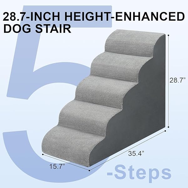 DOG STAIRS FOR BED 28.7”H, 5-STEP DOG RAMP, NON-SLIP STURDY PET STEPS FOR SMALL DOGS & CATS TO GET ON HIGH BED OR COUCHES, GREY