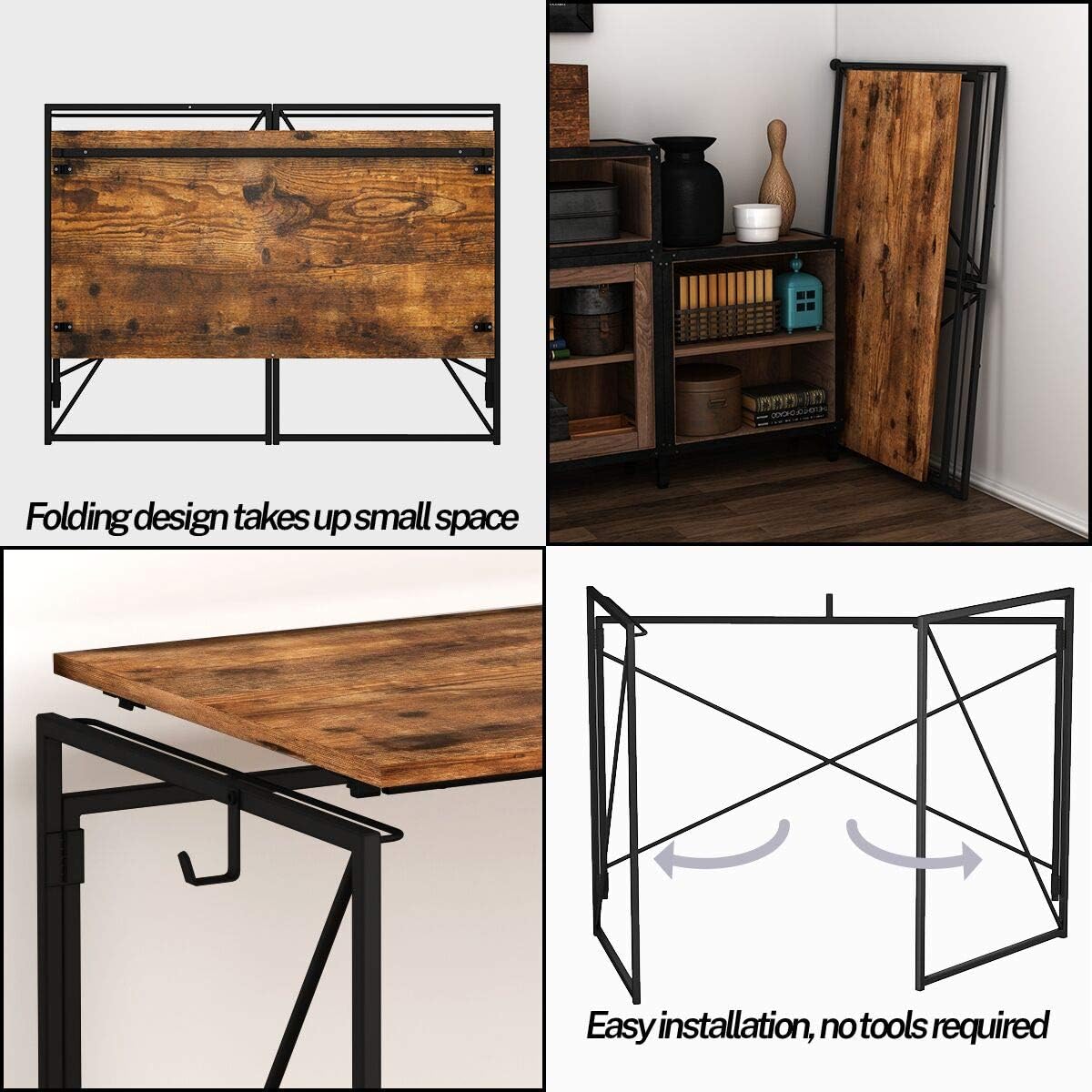 Engriy Folding Computer Desk, 39" Writing Study Desk for Home Office, Simple Industrial Style Wood Table Metal Frame for PC Laptop Notebook: Kitchen & Dining