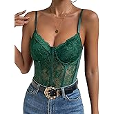 COZYEASE Women's Lace Bustier Cami Bodysuit Plain Sleeveless Slim Fit Sheer Mesh Corset Top Romper
