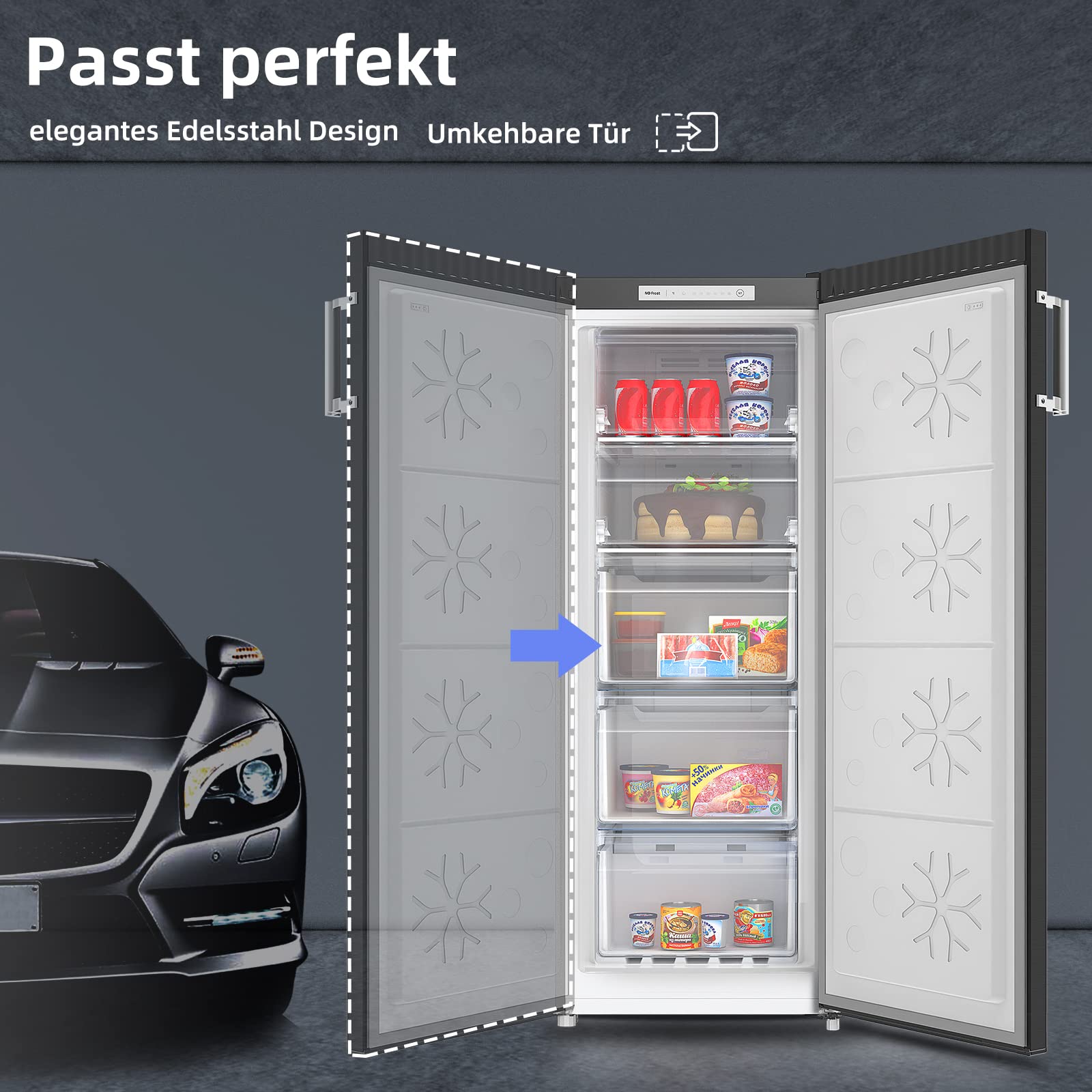 CHiQ Gefrierschrank No Frost 166 L, MultiAirflow, 4-Sterne-Gefrieren｜5 Schubladen + 1 obere Klappe, 144cm H | 209 kWh/Jahr, mit LED, Wechselbarer | Schwarz, FSD166NE4E 6